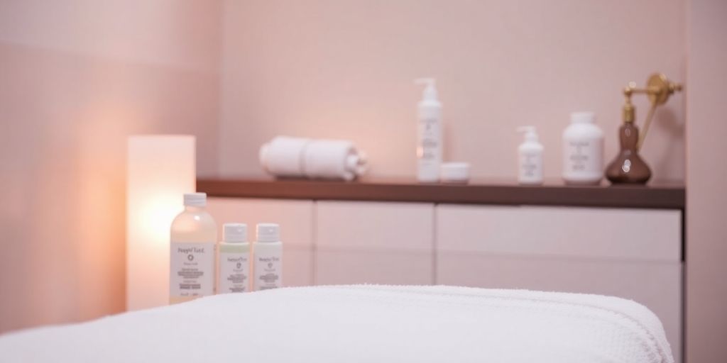 Spa setting with skincare products for post-Botox care.