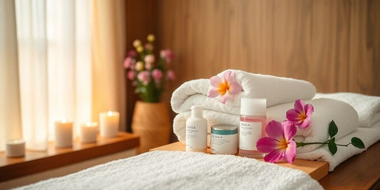 Spa products and towels in a tranquil setting.