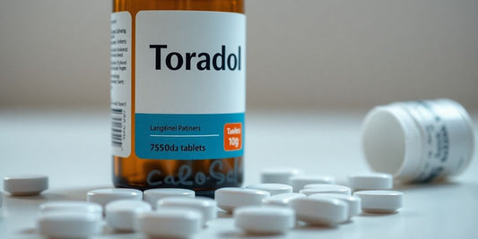 Bottle of Toradol with scattered tablets on a surface.