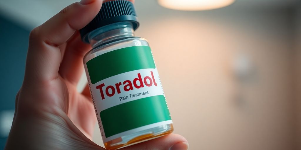 Person holding Toradol pill bottle in a medical setting.