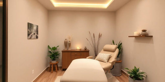 Calming treatment room with soft lighting and decor.