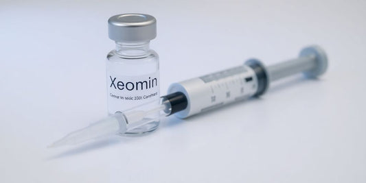 Xeomin vial and syringe on a sterile surface.