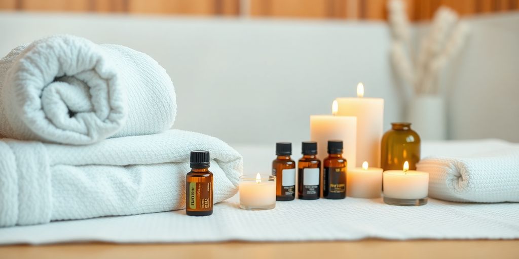 Spa setting with towels, oils, and calming candles.