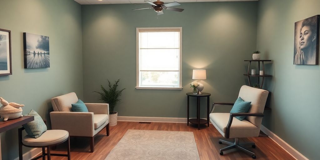 Calm treatment room with soft lighting and cozy seating.