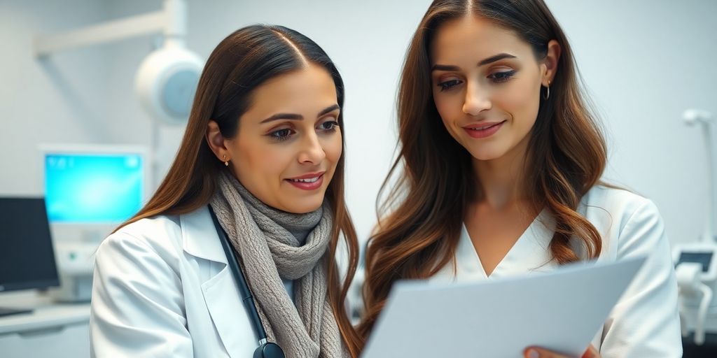 Woman consulting before Jeuveau treatment in clinic.