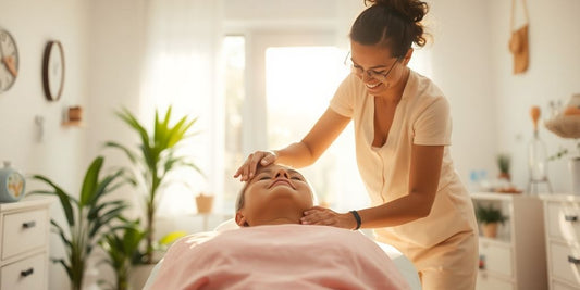 Person receiving energizing treatment in a bright room.