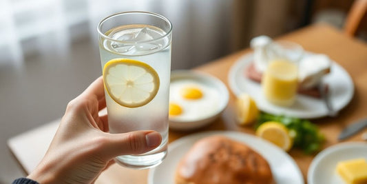 Person holding a glass of water with lemon slice.