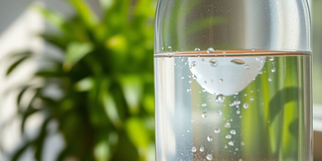 Clear water bottle on a wooden table with plant.