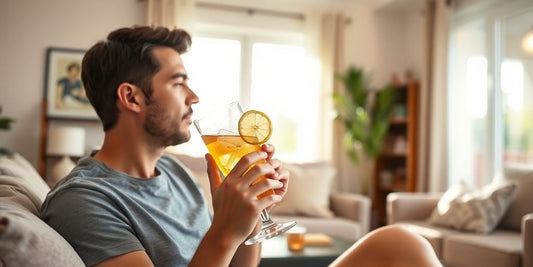 Person relaxing with a drink in a cozy room.