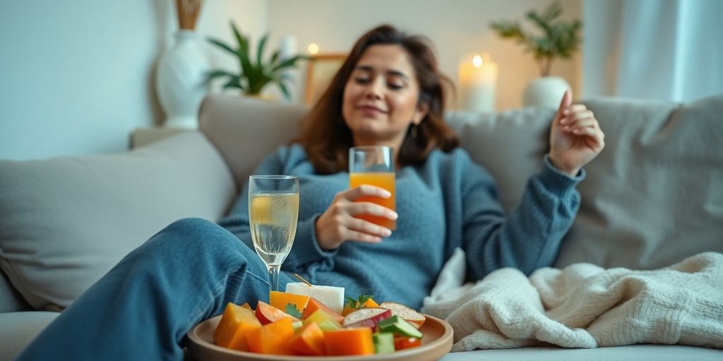 Person relaxing with snacks and a drink after treatment.