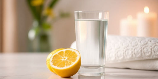 Glass of water with lemon in a soft light.