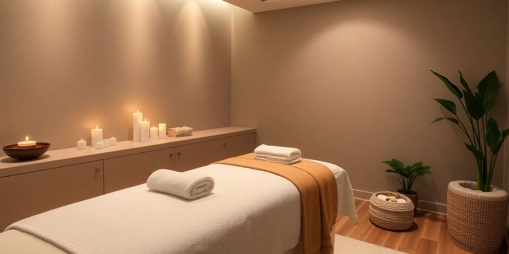 Tranquil spa treatment room with soft lighting and decor.