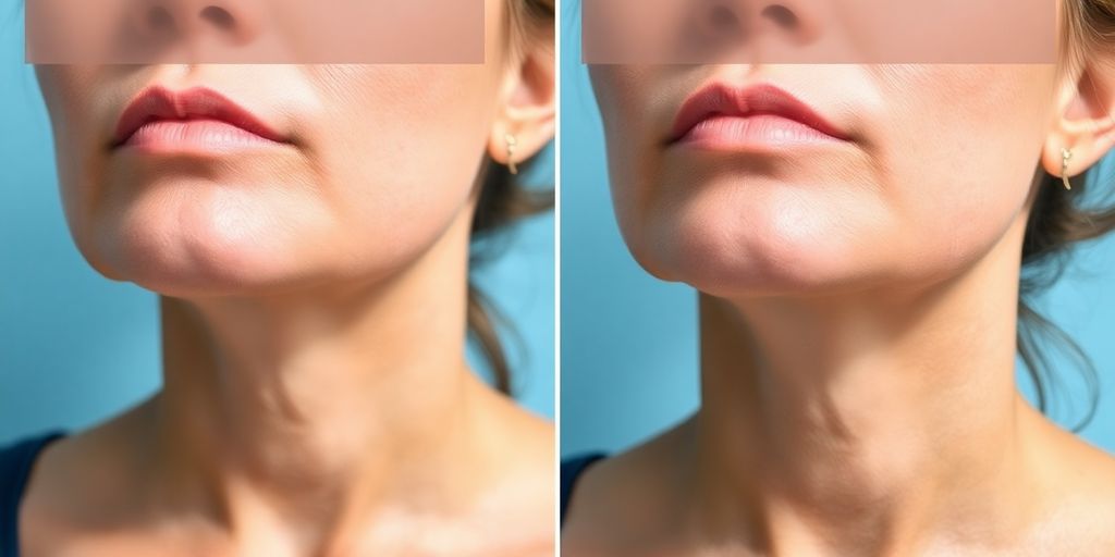 Before and after Kybella treatment on chin area.