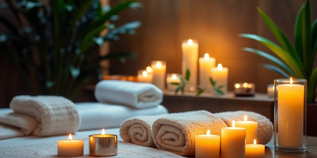 Spa setting with candles and towels for beauty treatment.