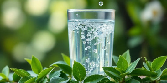 Glass of water with leaves, promoting hydration.