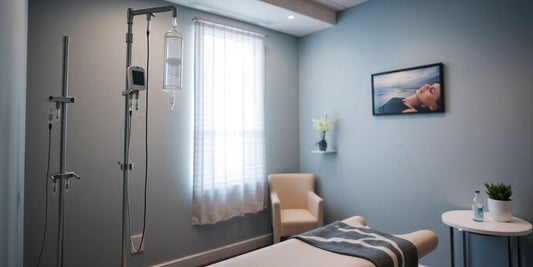 Calm treatment room with IV drip and soothing decor.